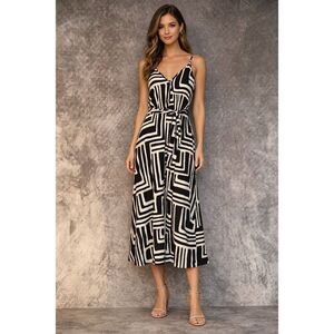Dress Forum V-Neck Spaghetti Strap Geometric Print MIDI Dress Medium #383